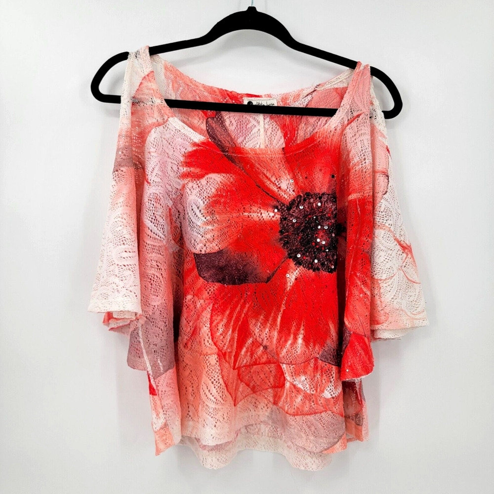 Vitta Luna Women's Floral Coral Cold Shoulder Bat Wing Lace Blouse Rhinestones